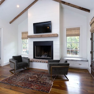 Fireplace Shiplap Brick Vaulted Ceiling Home Builder Sc