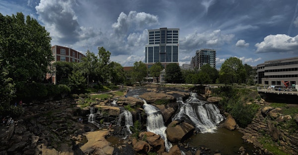 View of Falls Park in downtown Greenville, SC from the Pedestrian Bridge
