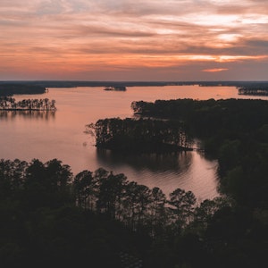 Drone view of Lake Murray near Columbia, SC at sunset.