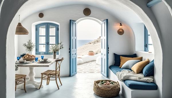 Inside of a Greek-Style Mediterranean home with archways and white-painted stucco and blue trim.