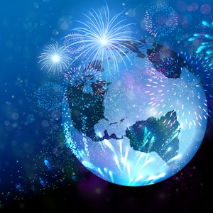 earth with gradient blue background and fireworks on all sides of the world